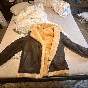 Handmade Brown leather Jacket with Cream lambsfur Lining